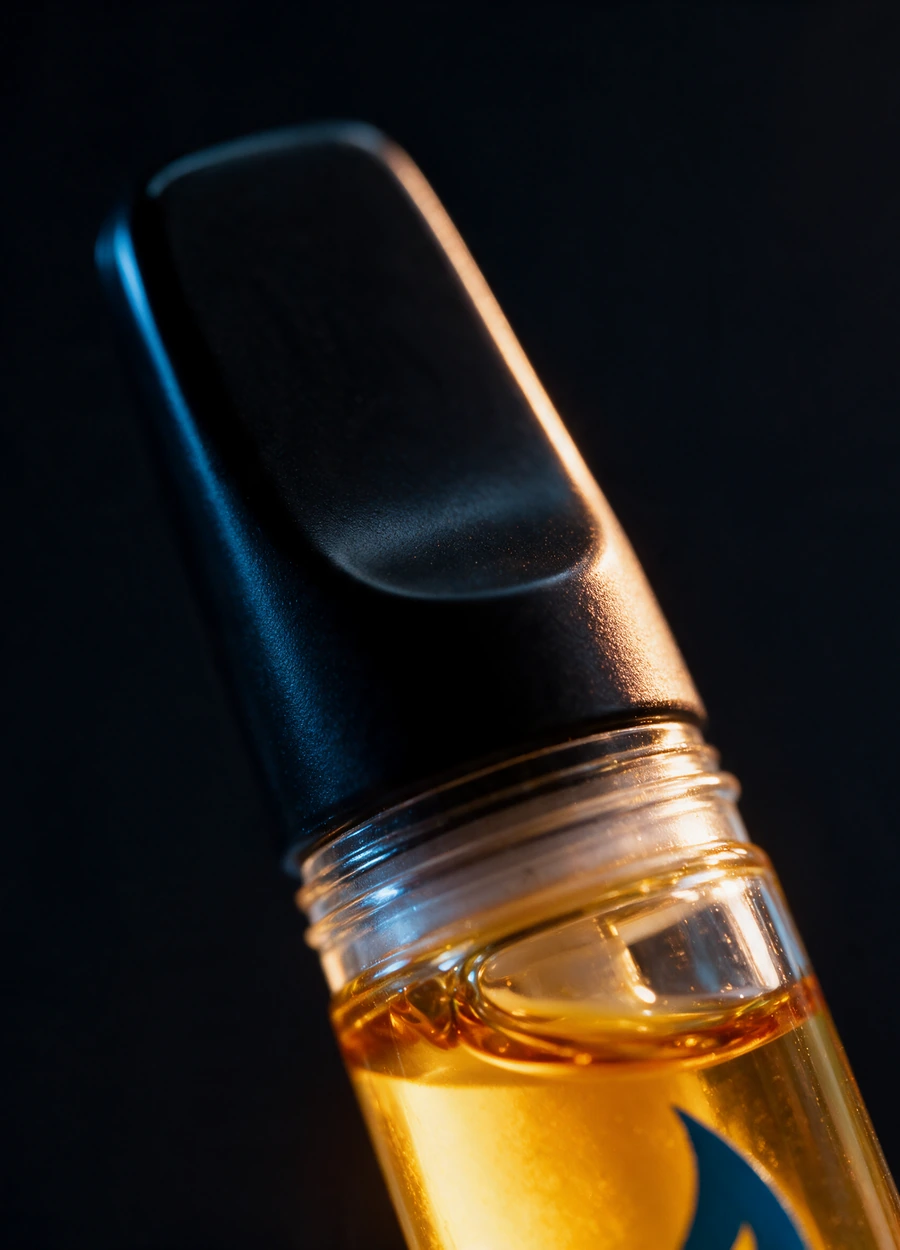 Close view of a ZMOKE 510 cartridge mouthpiece, oil chamber, and threaded base