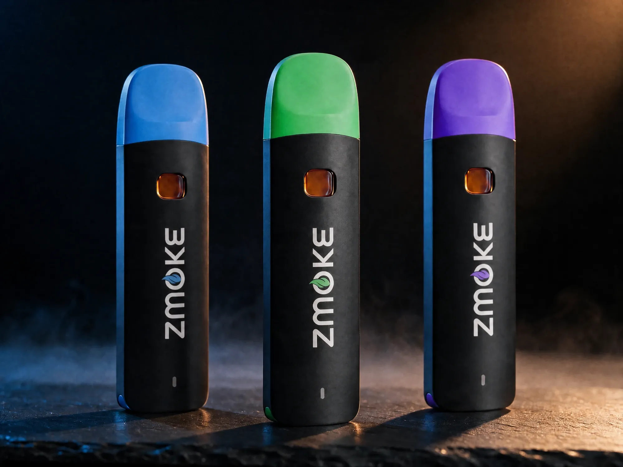 Three ZMOKE disposables with blue, green, and purple mouthpieces.