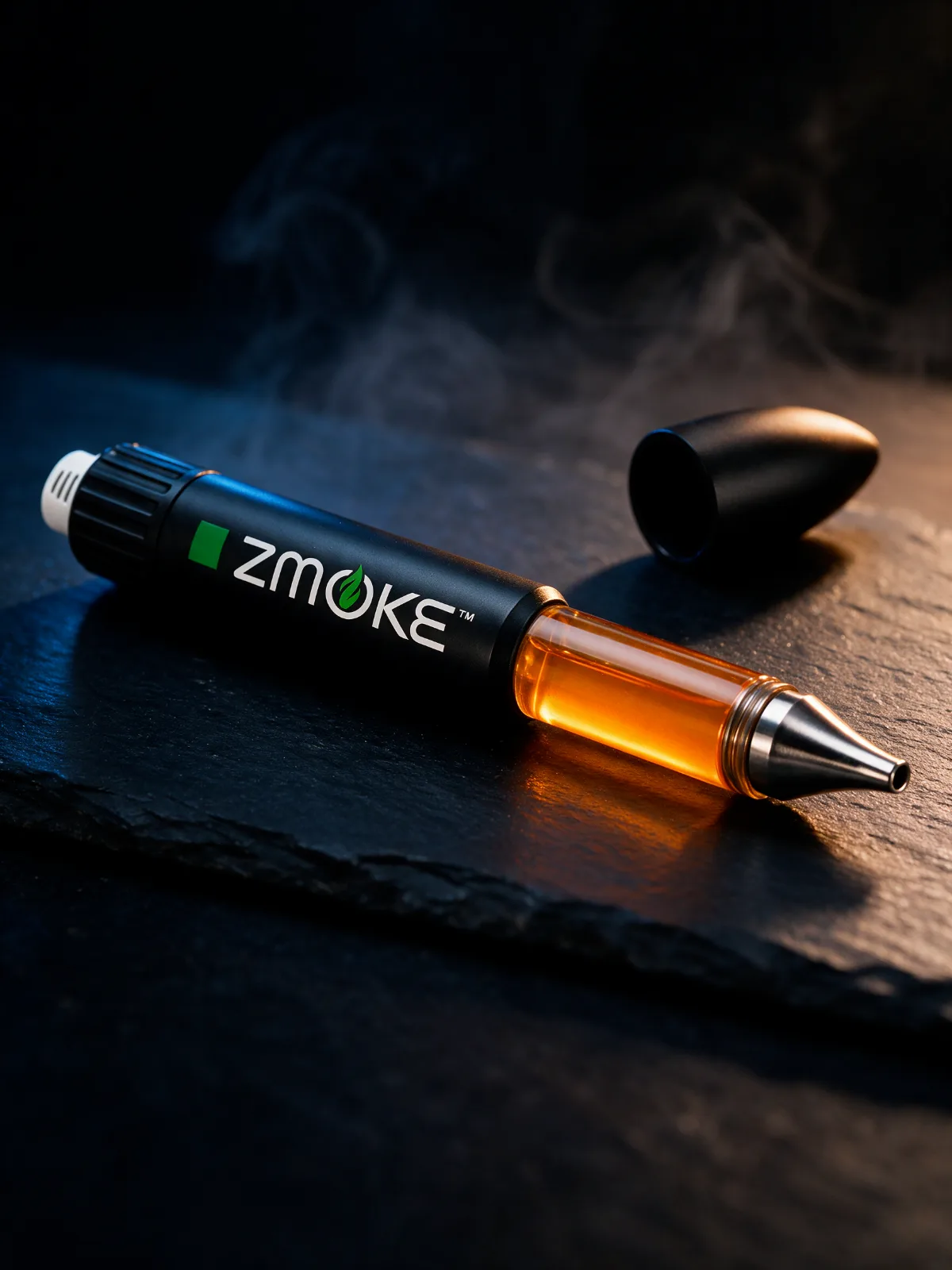 ZMOKE Liquid Dabz applicator lying on dark slate with the cap beside it