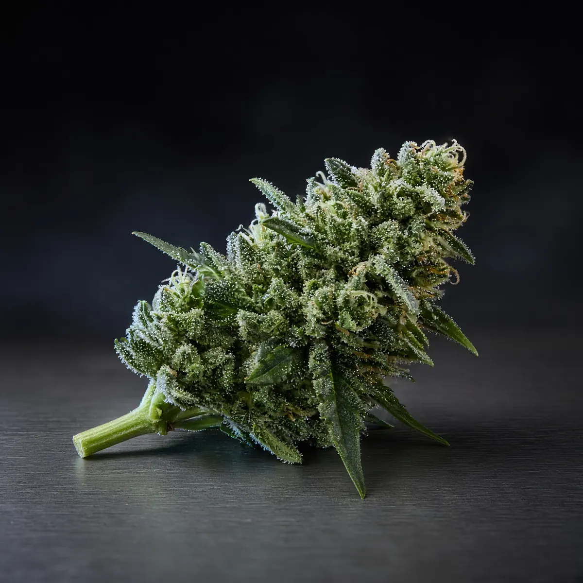 Illustrative close-up of frost-tipped cannabis flower on dark slate